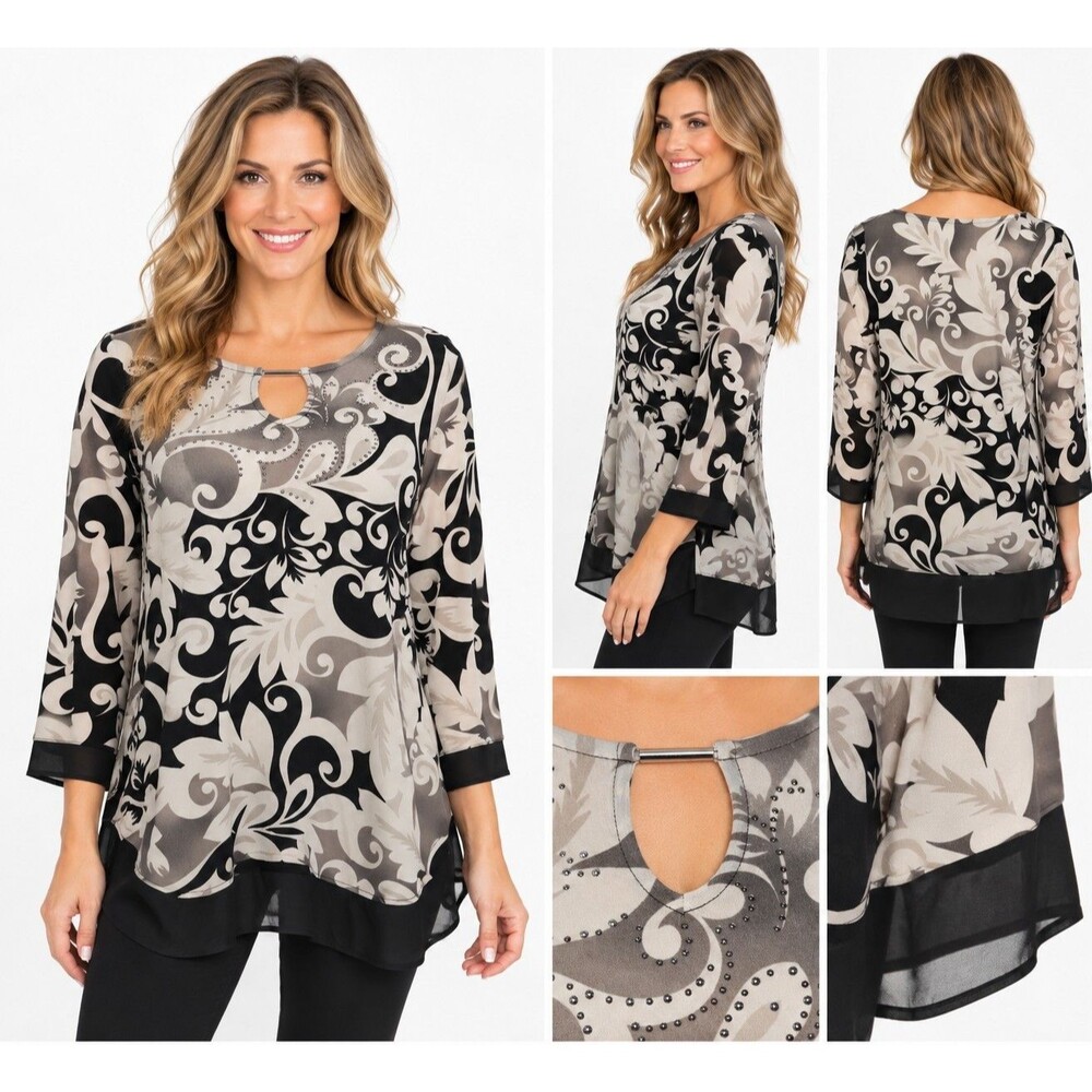 JM Collection Womens Medium Tunic Top Rhinestone Embellished Floral Keyhole 3/4